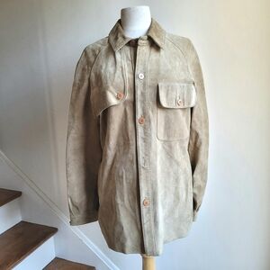 80s LE CHATEAU Oversized Suede Barn Coat Shirt Chore Jacket Beige Vintage M